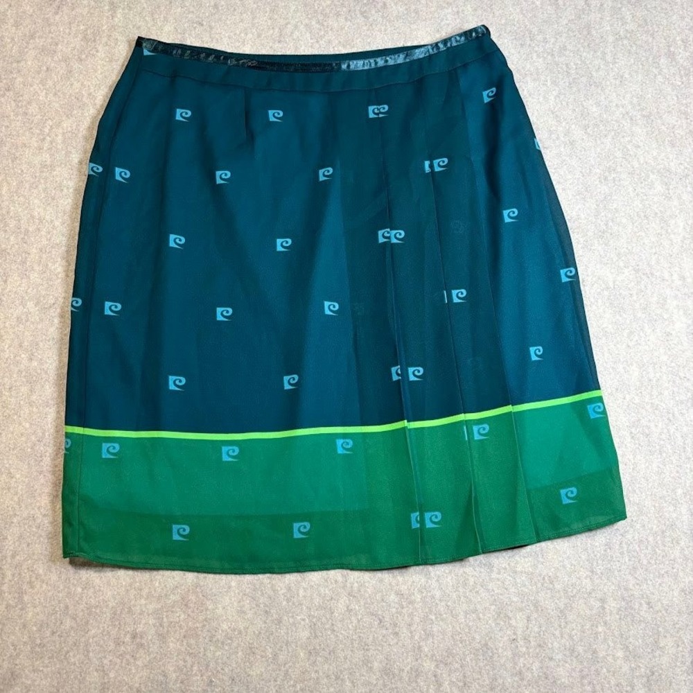 Pierre Cardin Skirt Womens 14 Teal Green Polyester A-Line Logo Print Classic